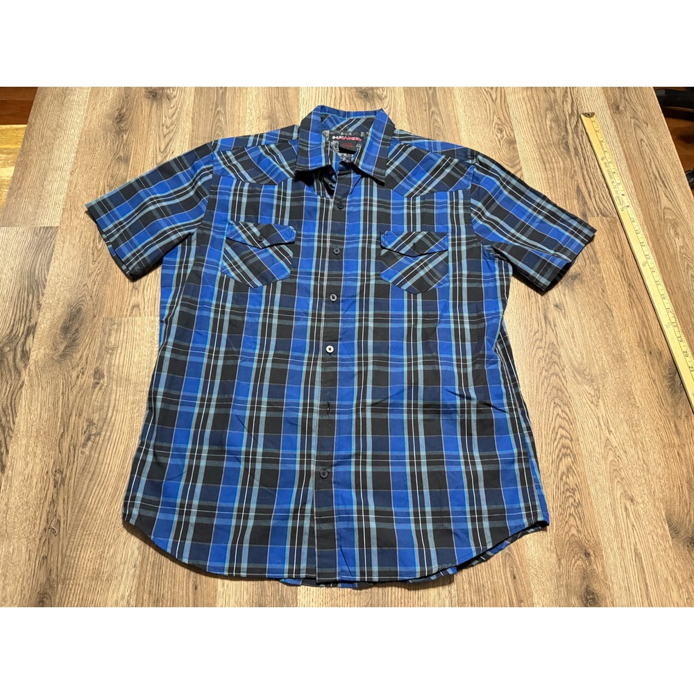 Tony Hawk Shirt Mens Size XL Blue Plaid Button Up Short Sleeve Western Yoke